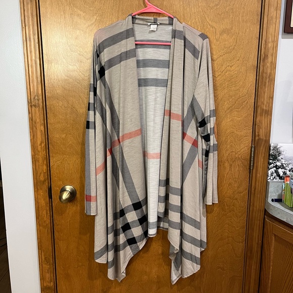 CHIC SOUL neutral plaid long sleeve cardigan with elbow pads - Picture 3 of 5